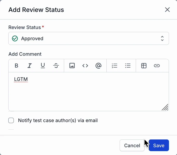 Add Review Status dialog with Review Status set to Approved, a comment box, and a checkbox to notify the test case author