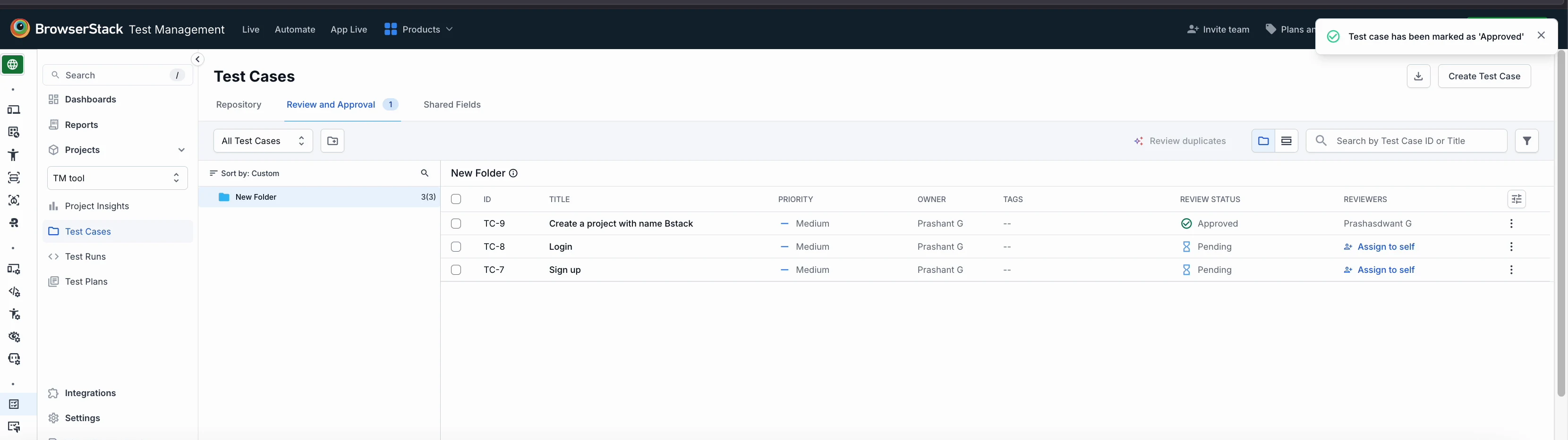 Review and Approval tab showing a test case marked Approved, with the reviewer's name and a confirmation banner