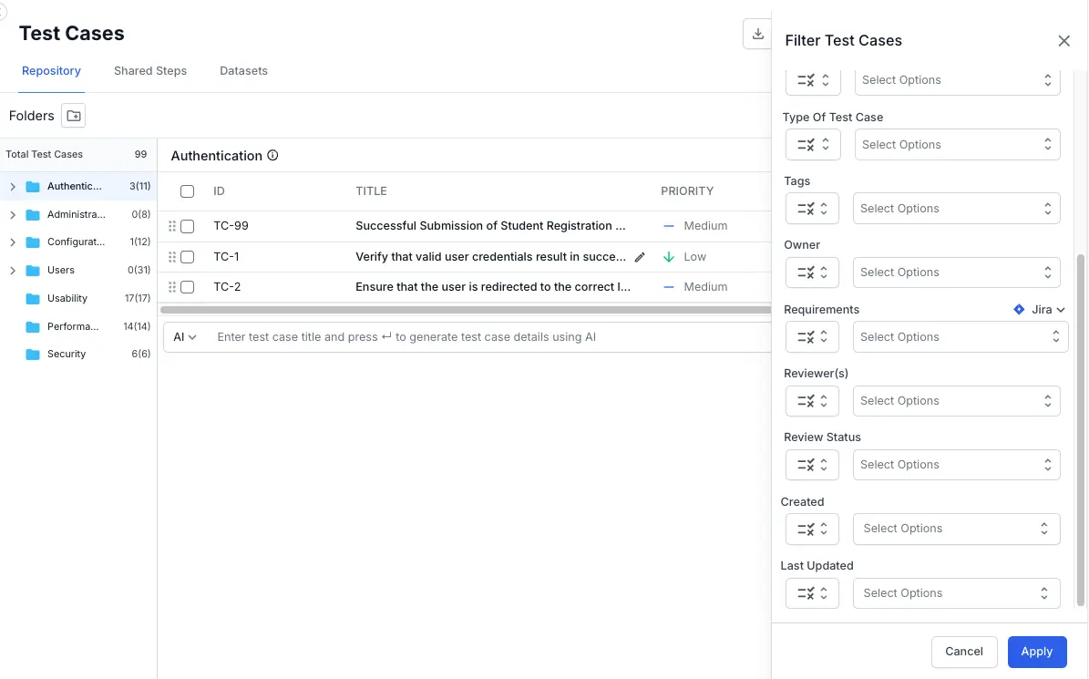 Apply match all or any filter to filter test cases