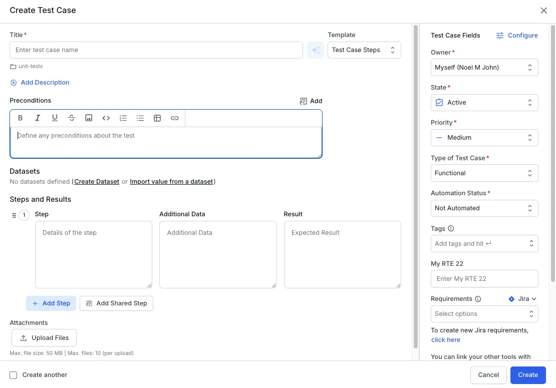 The Preconditions section of a test case form with the Add Shared Precondition button highlighted
