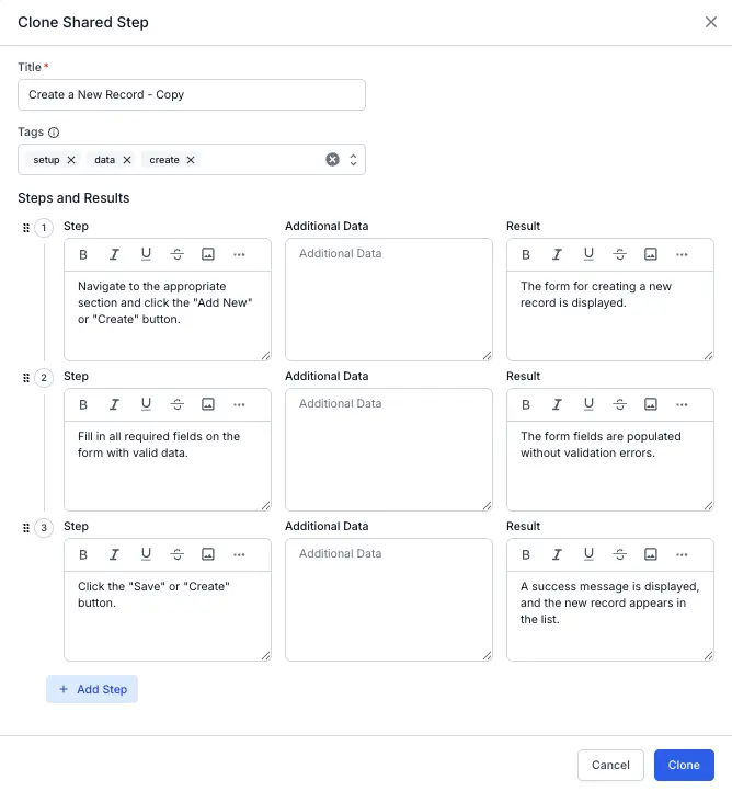 Click the options icon to clone the shared step