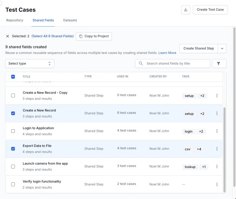 The Shared Fields tab with multiple fields selected and the Copy to Project button highlighted