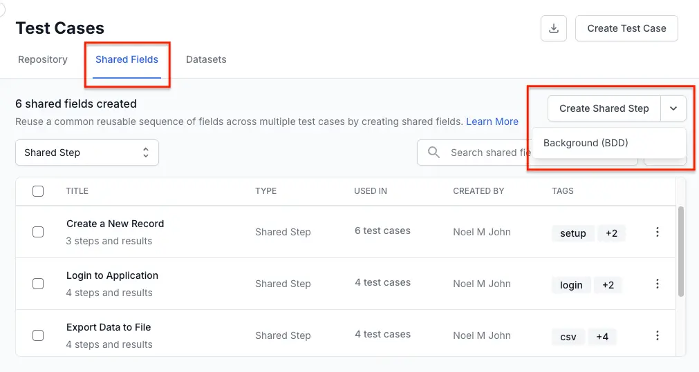 Click the create background shared step button in shared fields tab in test cases repository