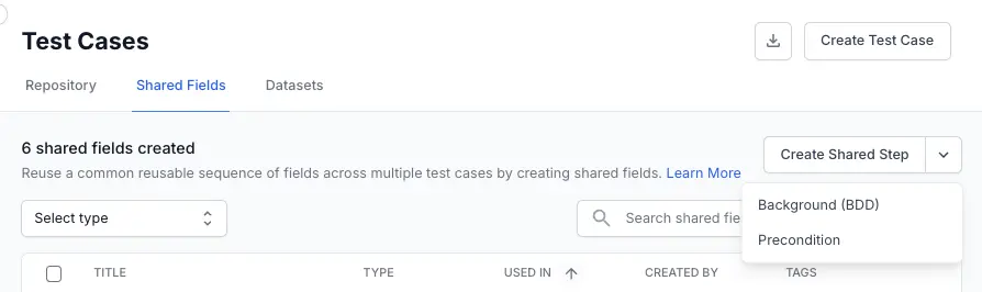 The Create button dropdown showing Shared Step, Precondition, and Background (BDD) options