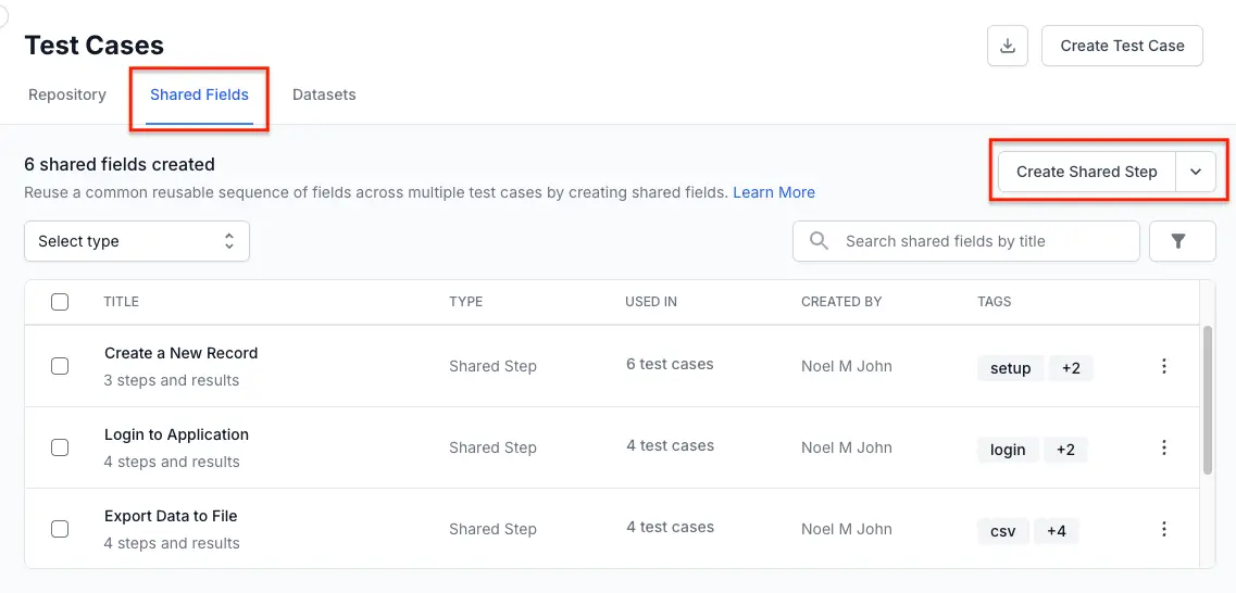 Shared Fields tab in the Test Cases repository showing the Create Shared Step button