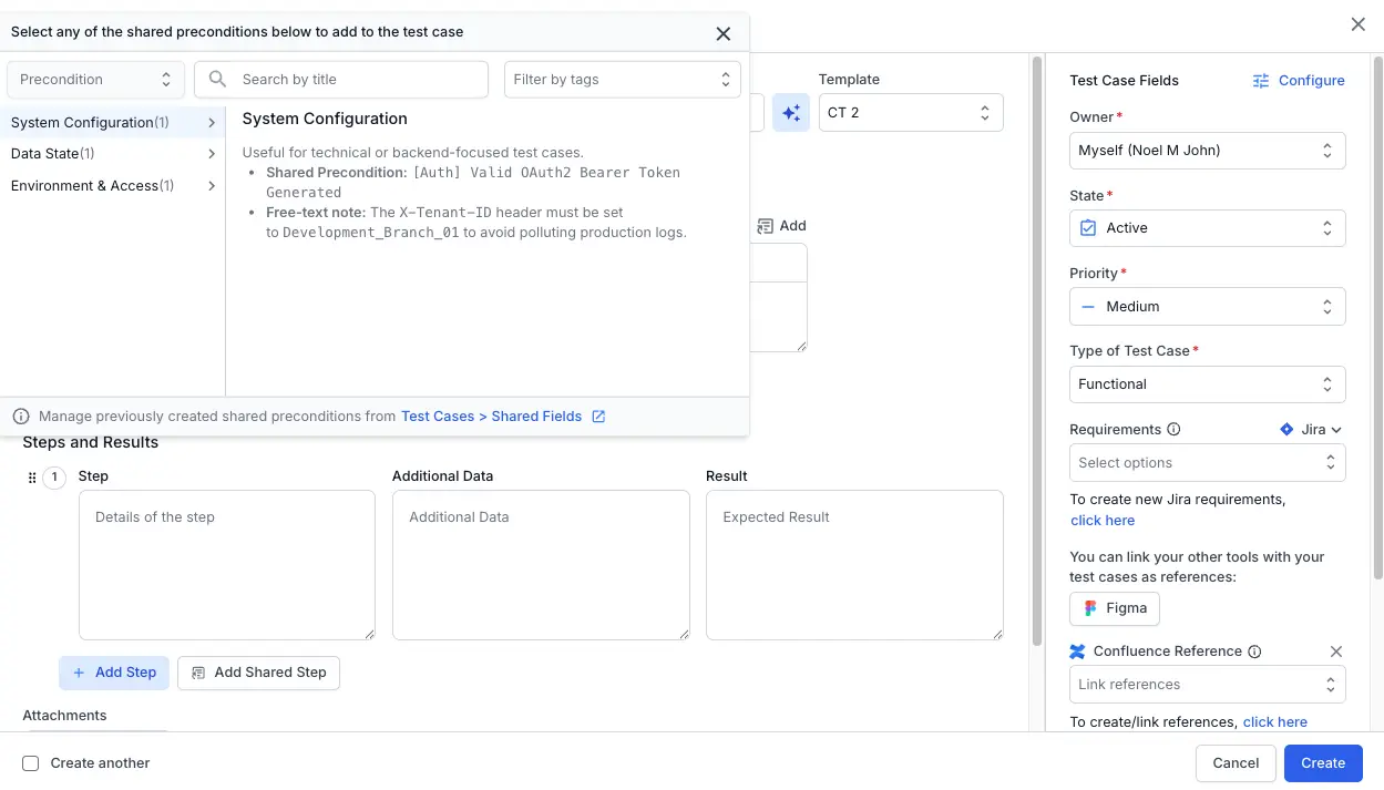 The Select Shared Precondition dialog showing a list of shared preconditions with search and filter options