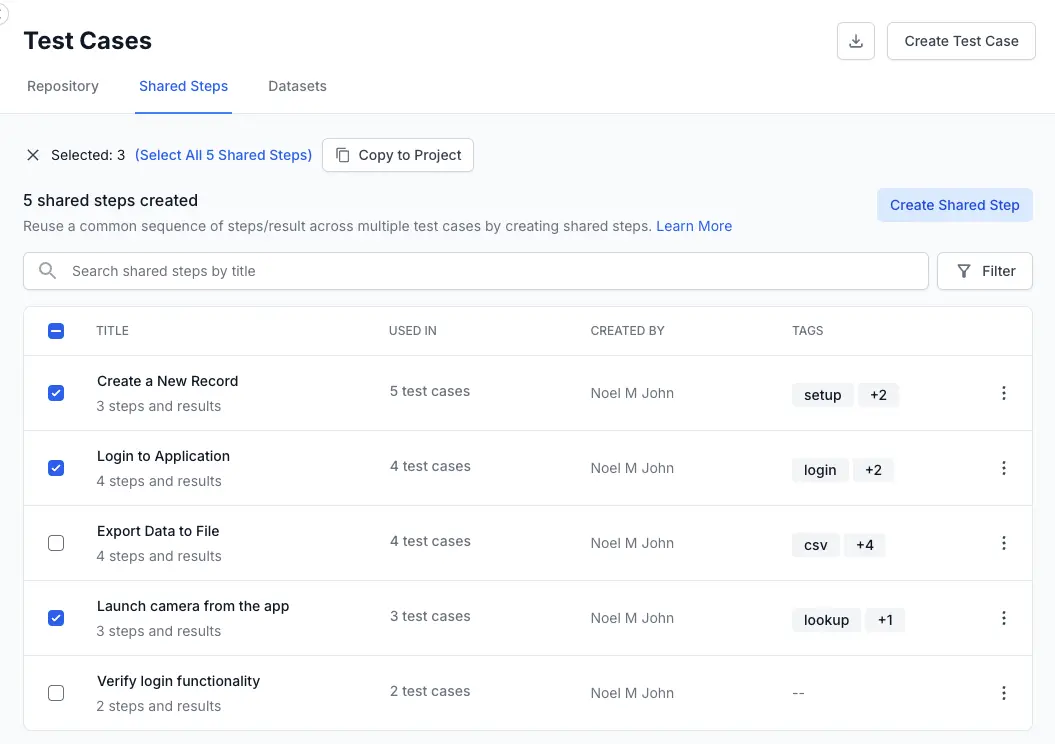 Click the copy to project button after selecting the shared steps you want to copy