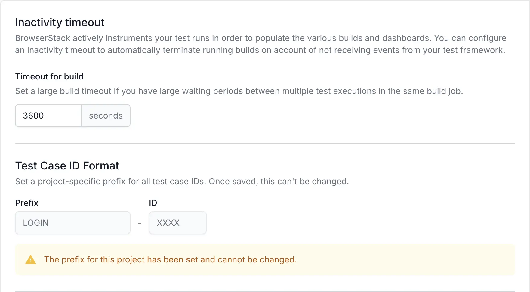 Confirm Prefix Change dialog warning that the prefix is permanent and that existing test cases are not affected, with Cancel and Yes, Set Prefix buttons