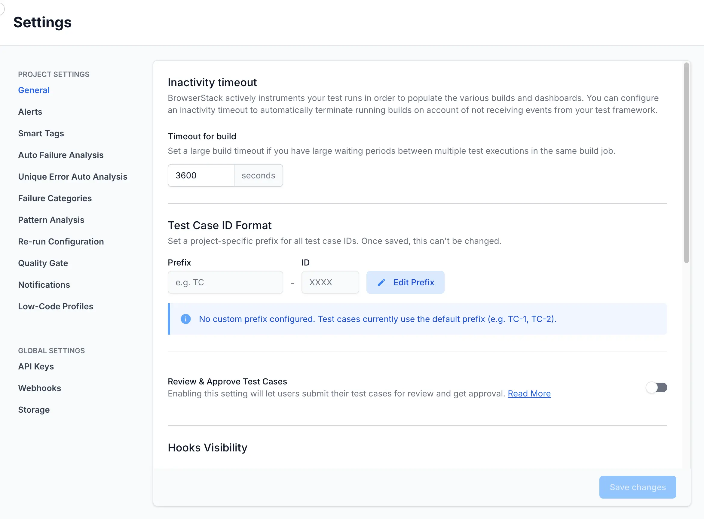 Test Case ID Format section in General settings, showing the Prefix field, the read-only ID field, and the Edit Prefix button