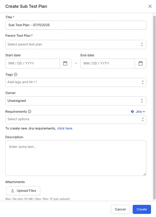 Enter the required/necessary fields in the create sub test plan dialog box