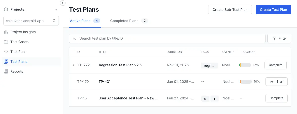 Click test plans tab on the left sidebar