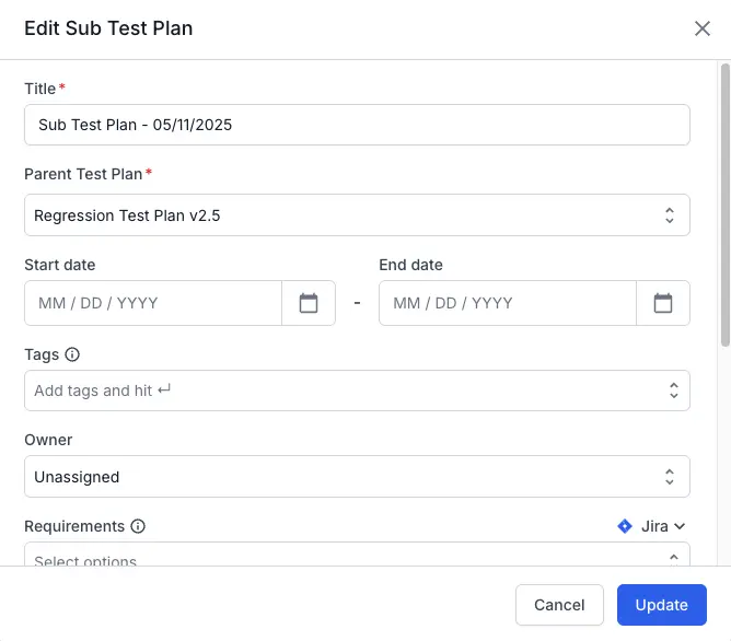 Modify the required/necessary fields in the create sub test plan dialog box