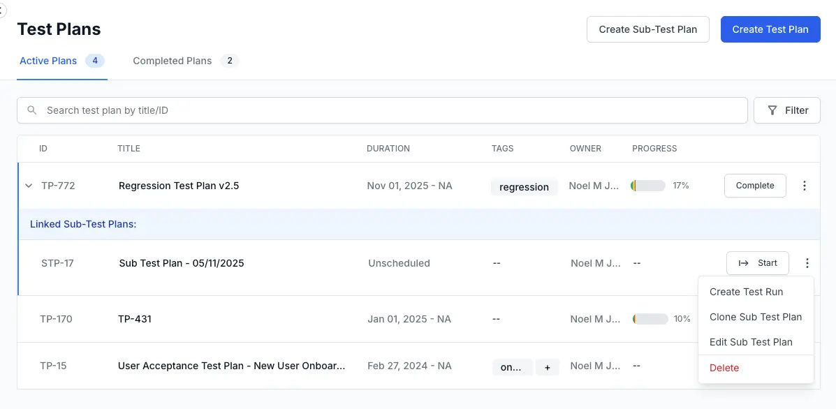Locate the sub-test plan and click the ellipsis menu