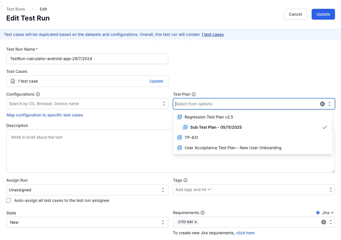 Click the test plan drop down field
