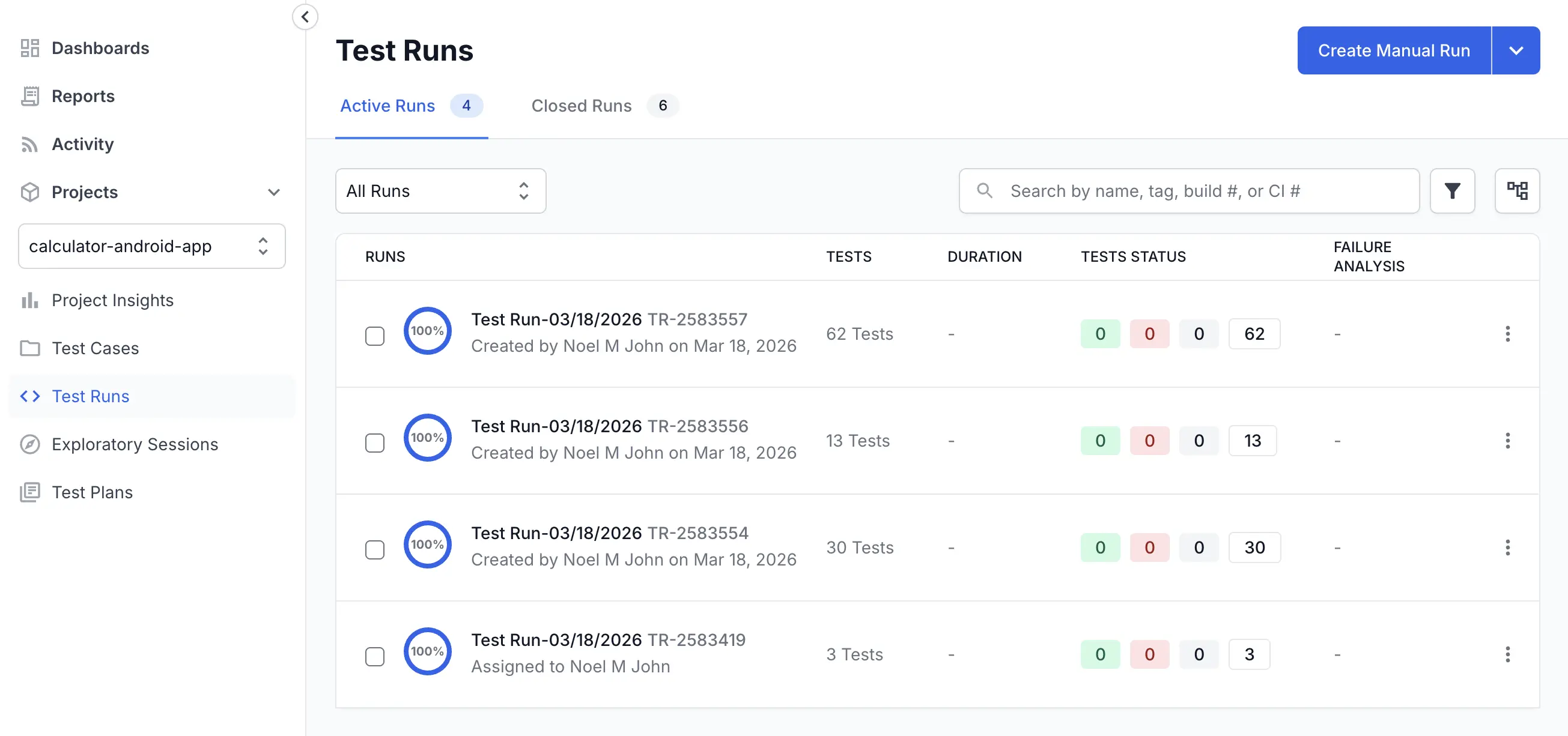 Active Runs tab on the Test Runs list page showing four test runs ready to open