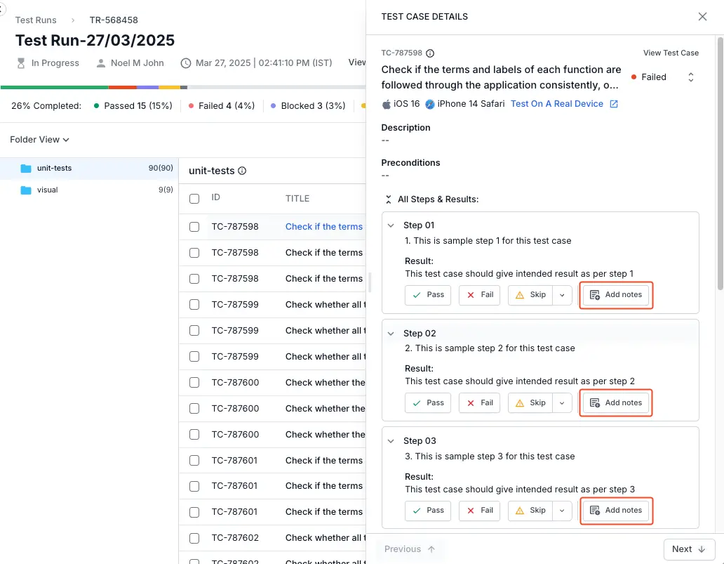 Click add notes under the individual step