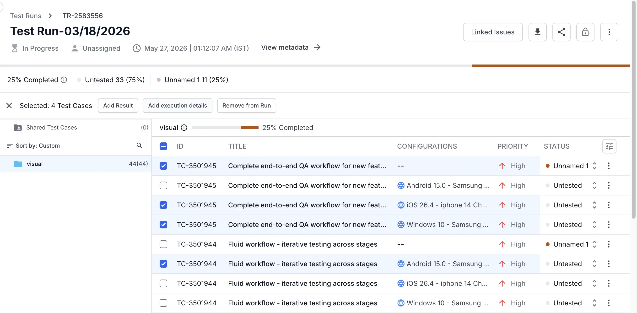 Bulk action bar showing Selected: 1 Test Case with Add Result, Add execution details, and Remove from Run buttons