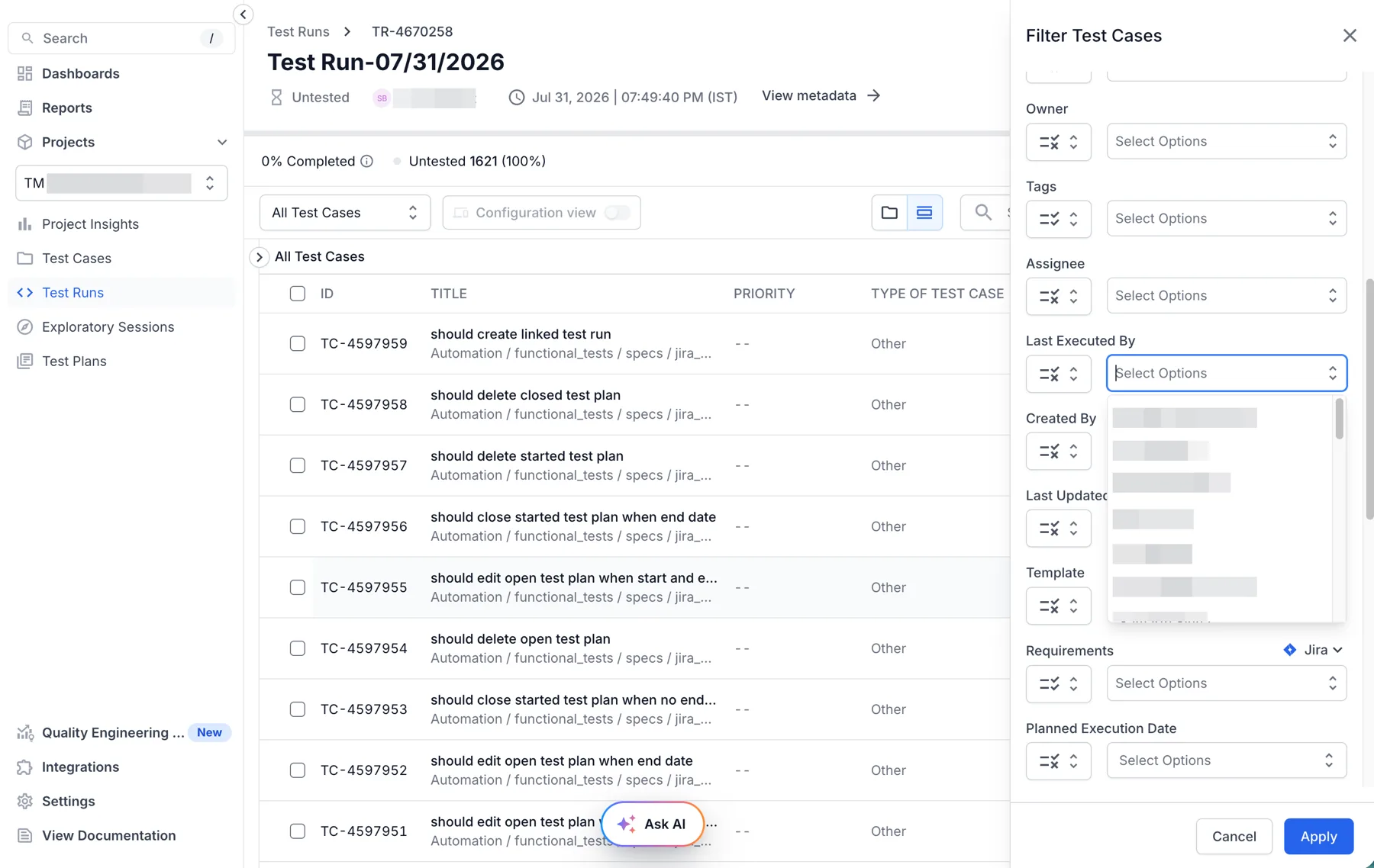 Filter Test Cases panel inside a test run showing the Last Executed By dropdown with the Unassigned option and user names
