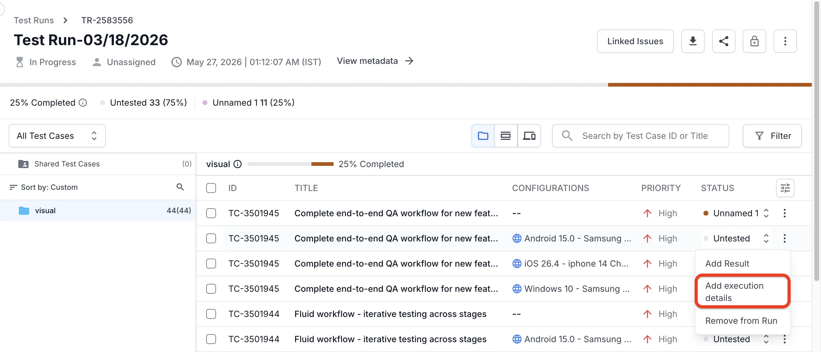 Row overflow menu inside a test run showing Add Result, Add execution details, and Remove from Run