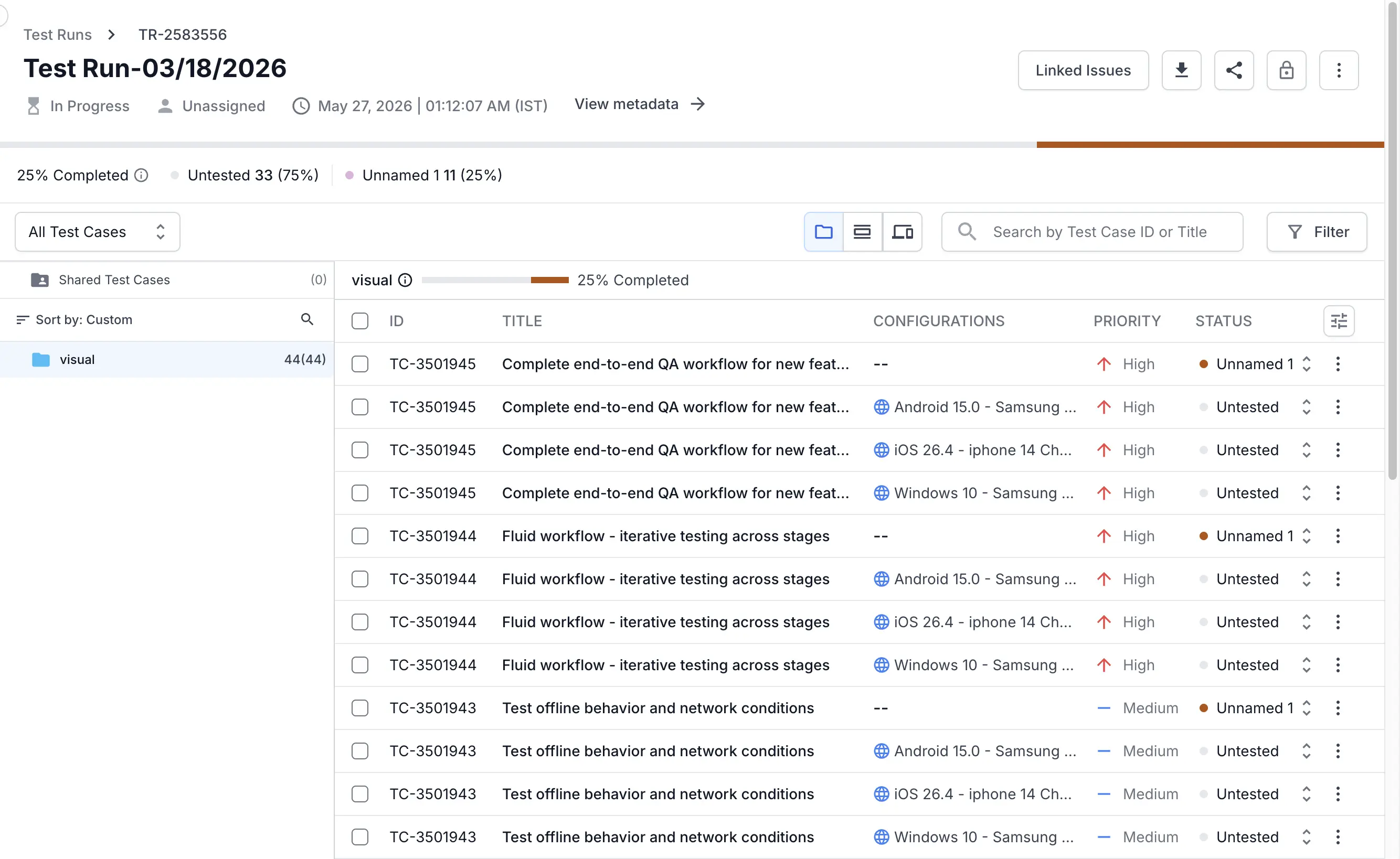Test run detail page showing the test case list with ID, TITLE, PRIORITY, and STATUS columns