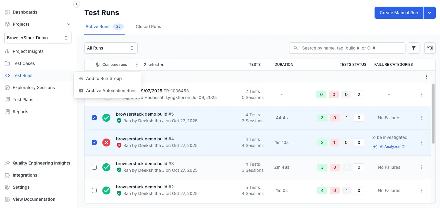 Archive automation runs option in the bulk action bar