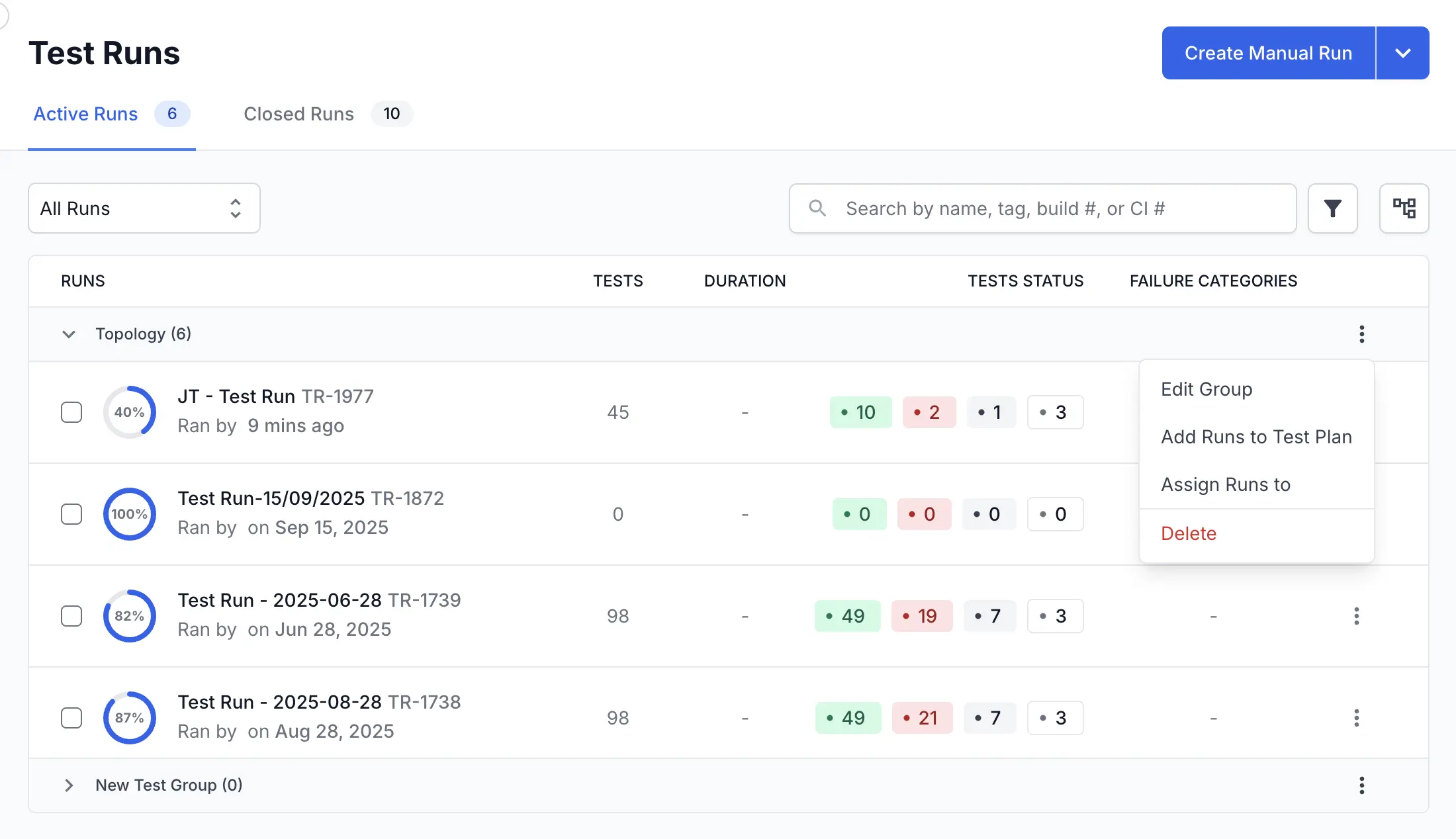 Click the vertical ellipsis icon next to the run group header