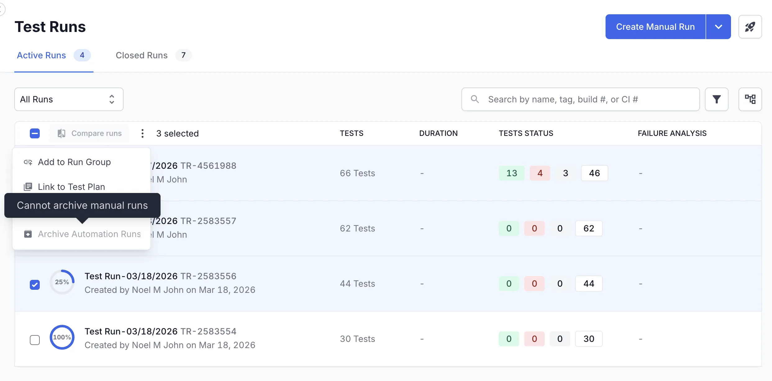 Bulk action menu with Add to Run Group, Link to Test Plan, and Archive Automation Runs disabled by a Cannot archive manual runs tooltip