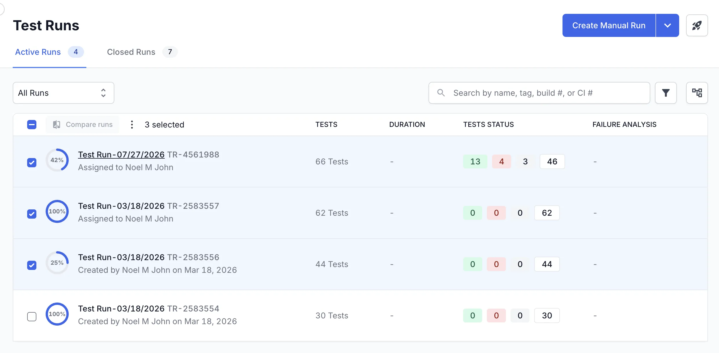 Test runs list with three runs selected and the bulk action bar showing the selection count
