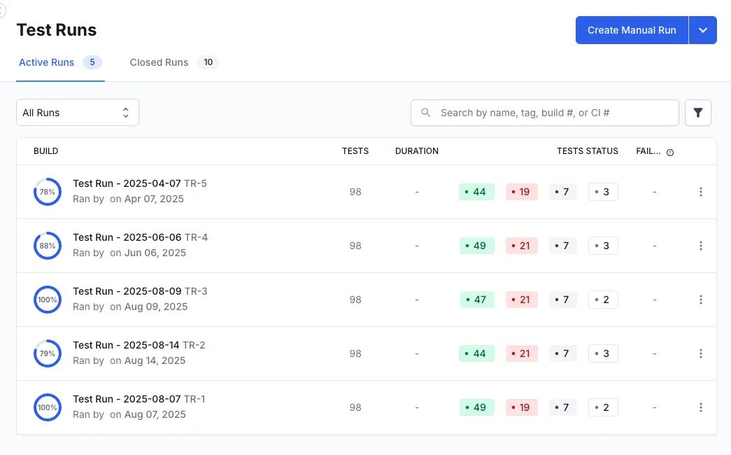 Click the filters funnel on the test runs list view