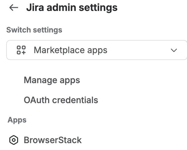 The Jira admin settings sidebar with BrowserStack listed under Apps.