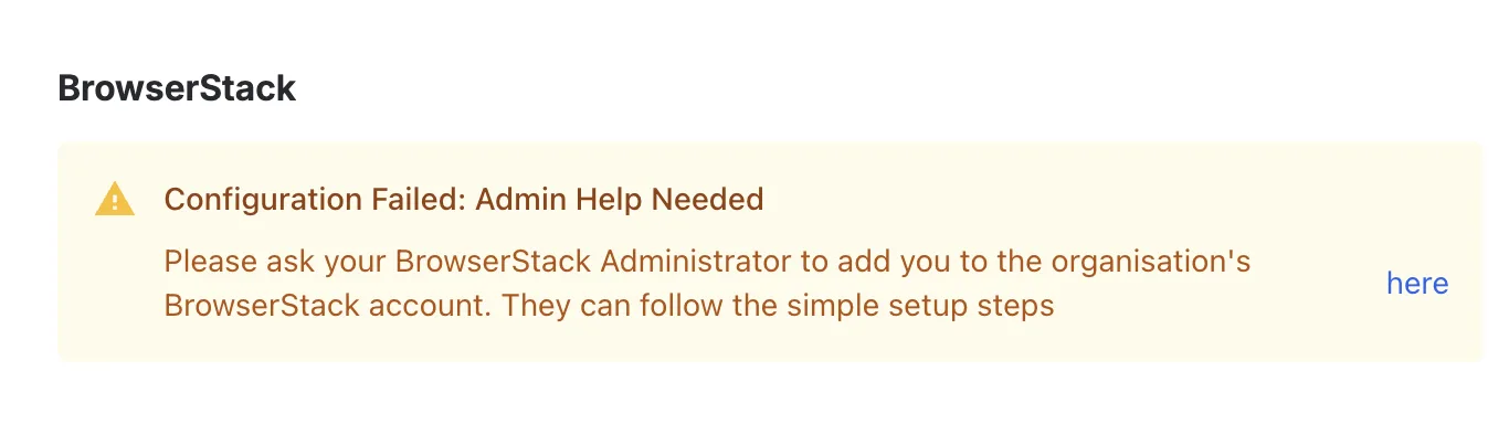 The BrowserStack panel on a Jira issue with the Configuration Failed: Admin Help Needed message.
