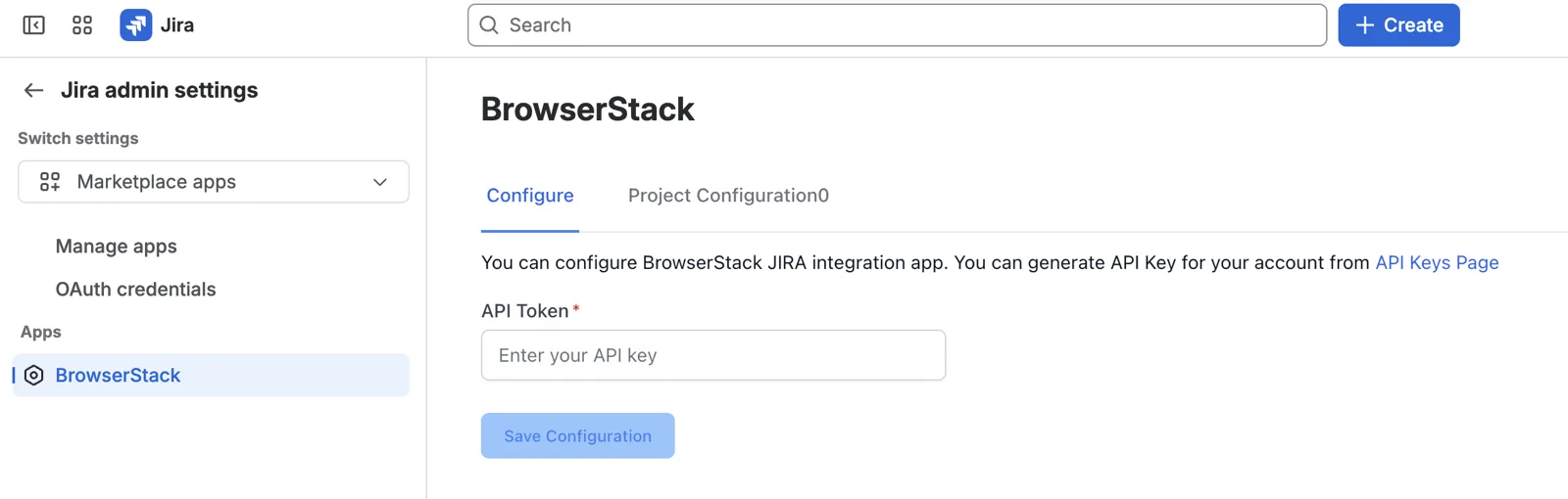 The Configure tab of the BrowserStack app in Jira with the empty API Token field and the Save Configuration button.