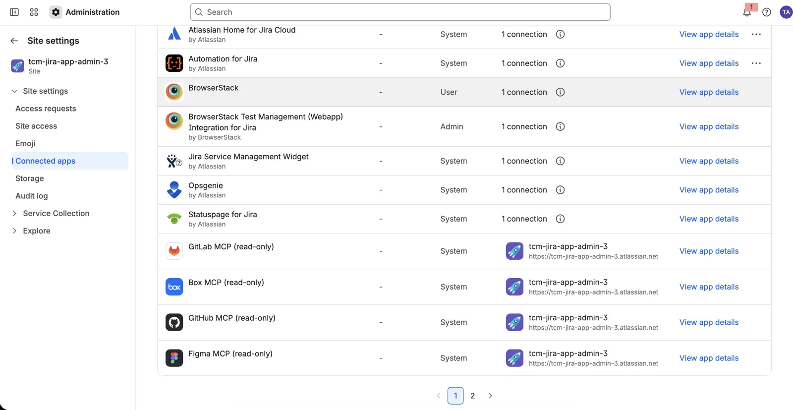 The Connected apps list in Atlassian Administration with the BrowserStack Test Management (Webapp) Integration for Jira row.