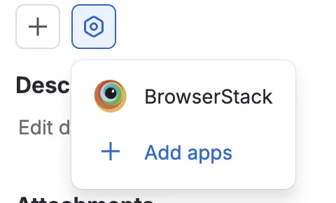 The Apps icon menu on a Jira issue with BrowserStack and Add apps listed.