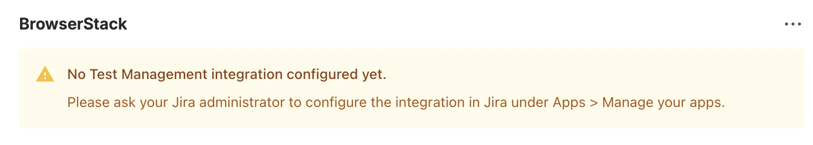 The BrowserStack panel on a Jira issue with the No Test Management integration configured yet message.