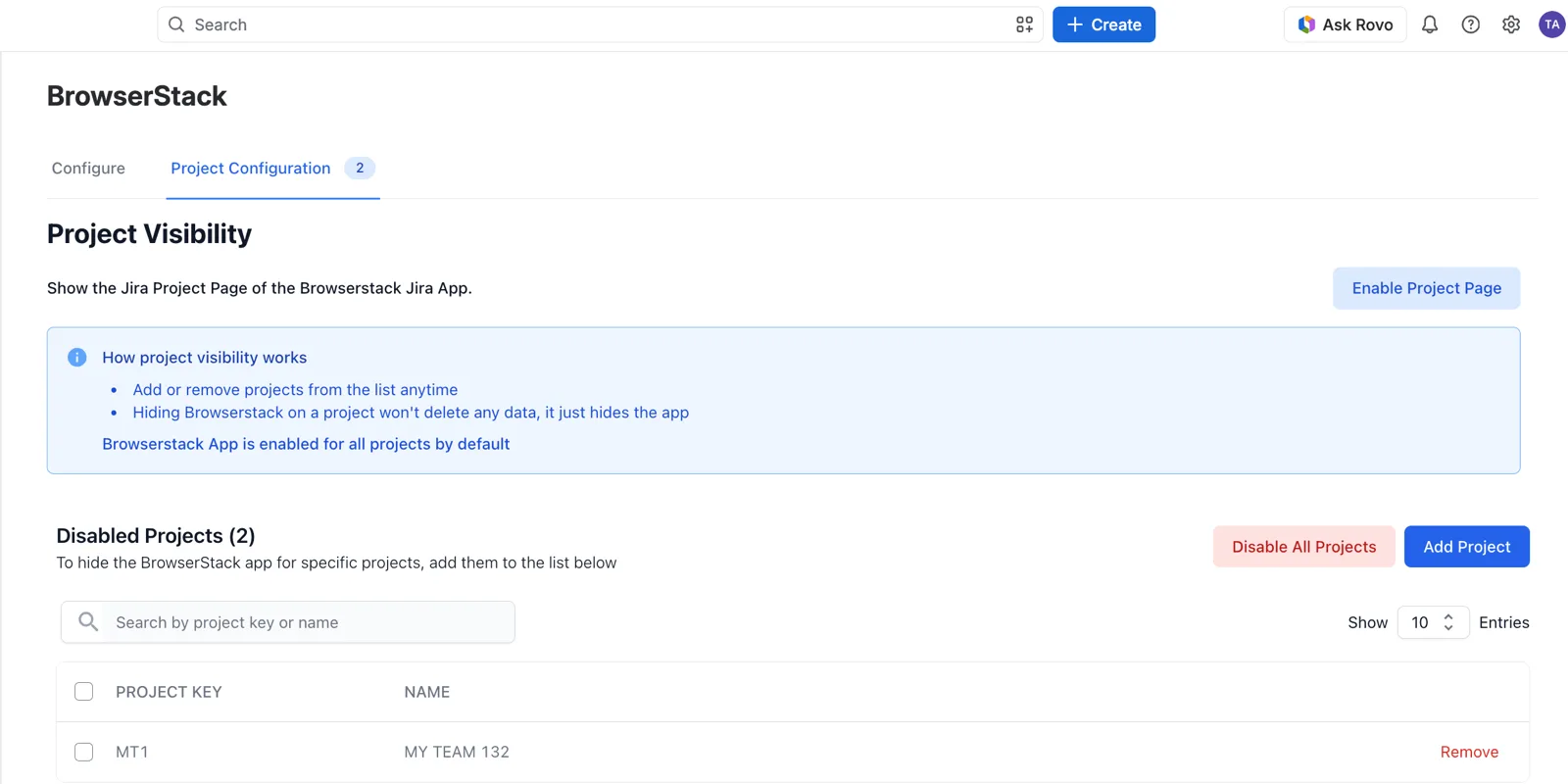 The Project Configuration tab with the Project Visibility note, the Disabled Projects list, and the Add Project button.