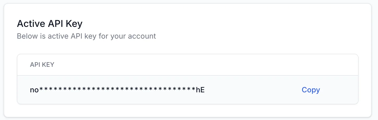 The Active API Key card in Test Management settings with the masked key and the Copy link.