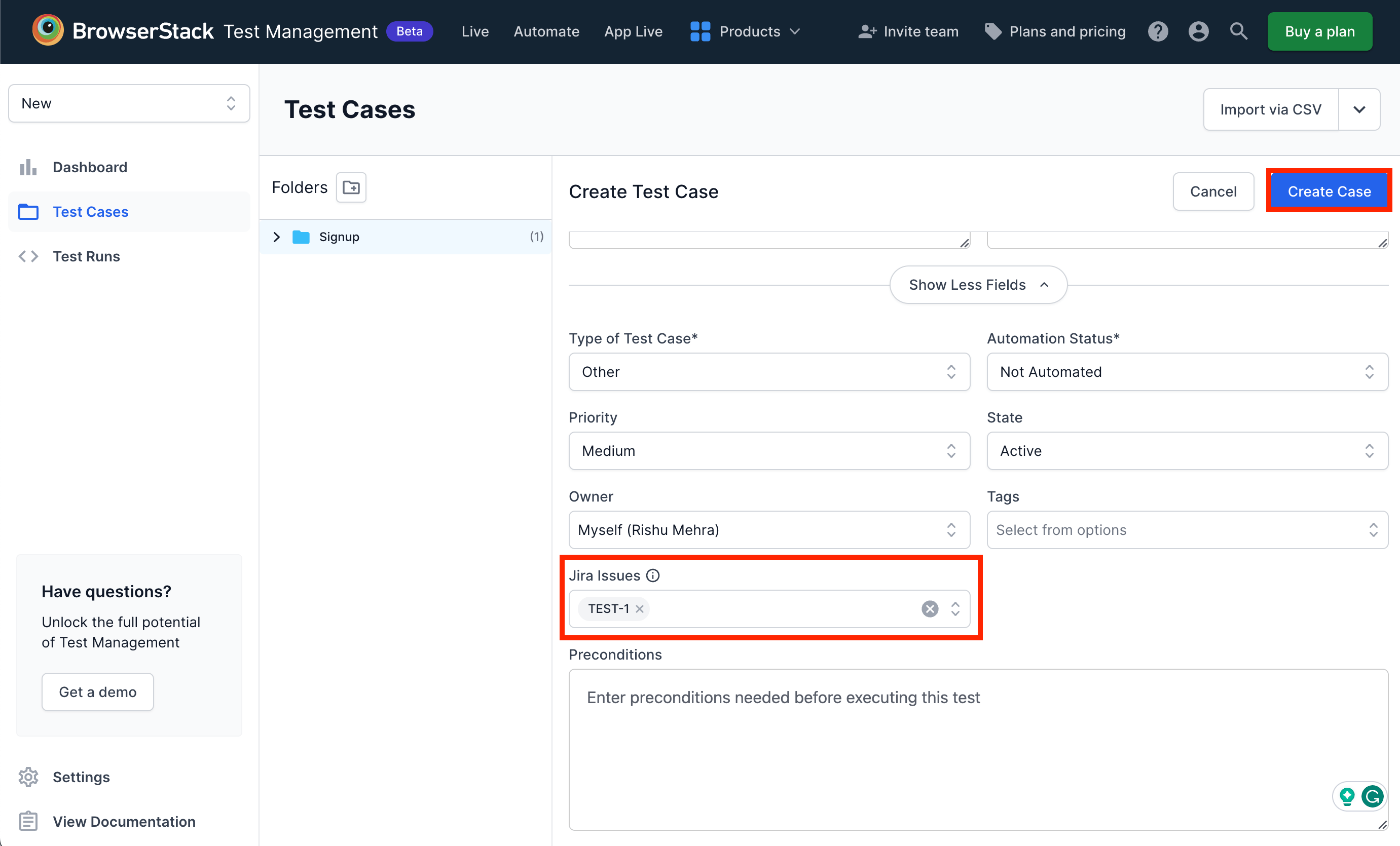 Entering Jira Issue while creating a test case