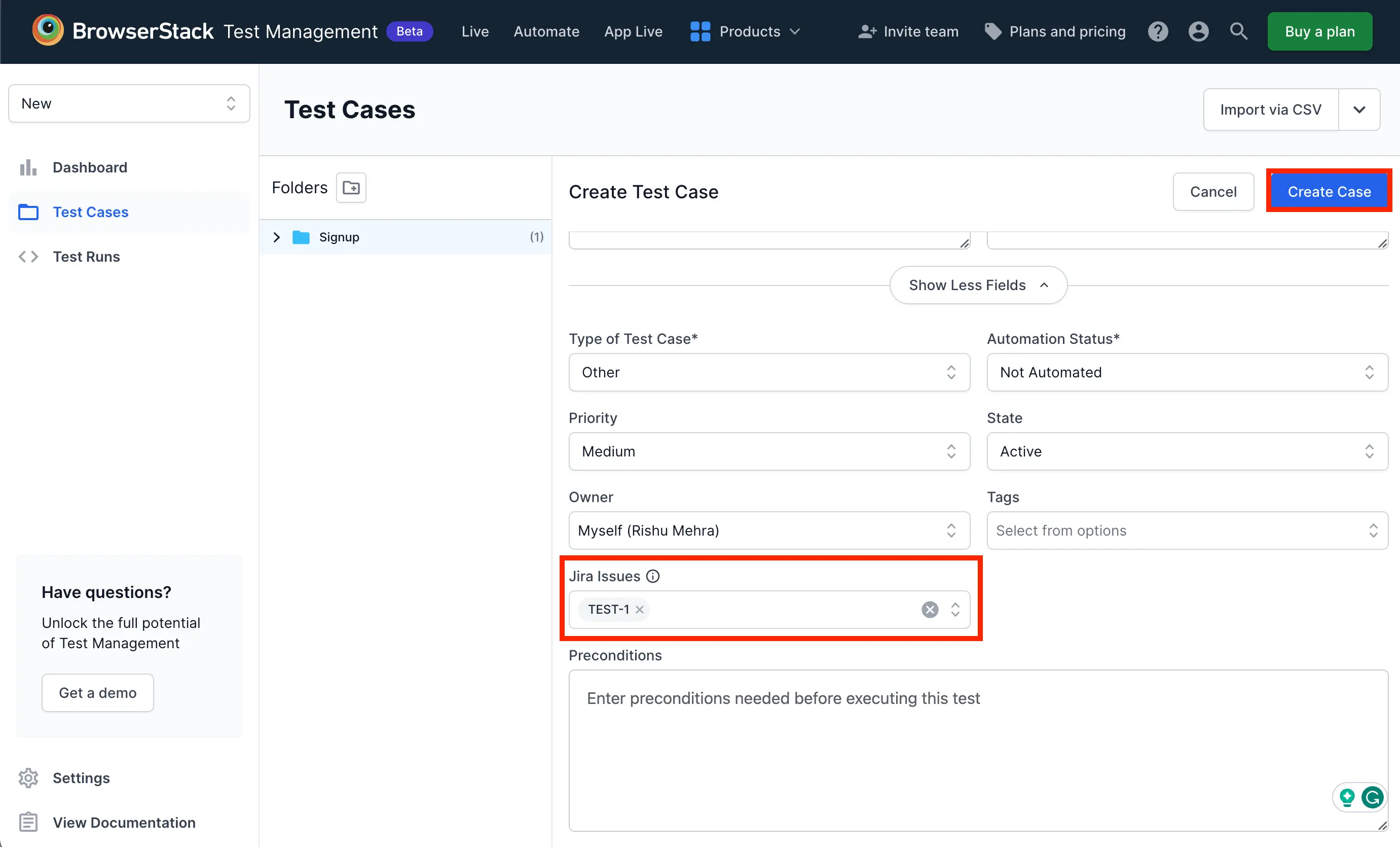 Integrate Jira with Test Management | BrowserStack Docs