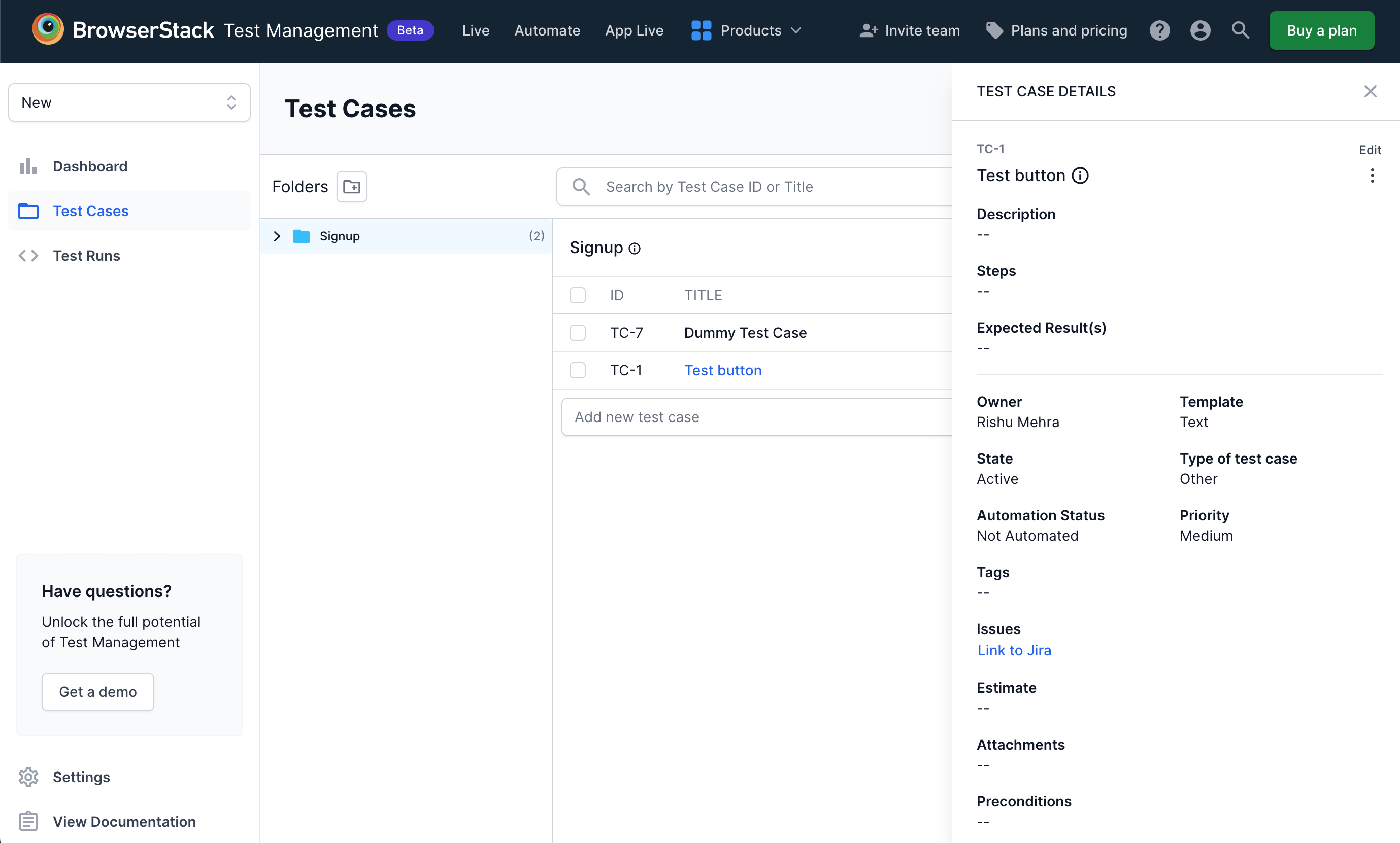 Link Jira Issue from test case details