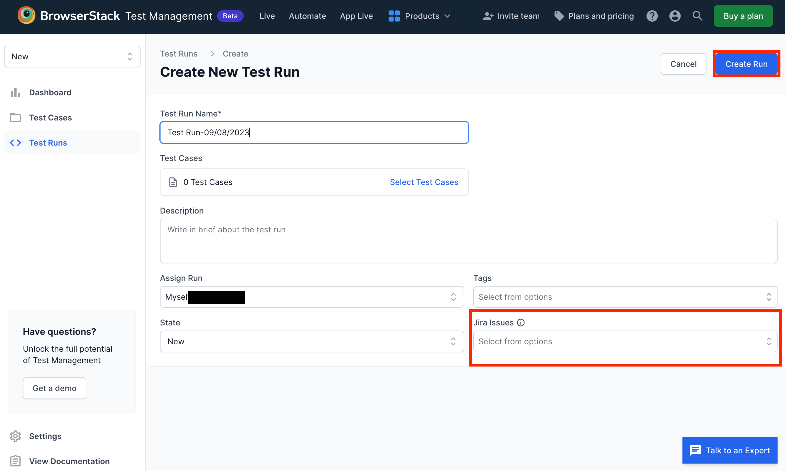 Jira connection to test run