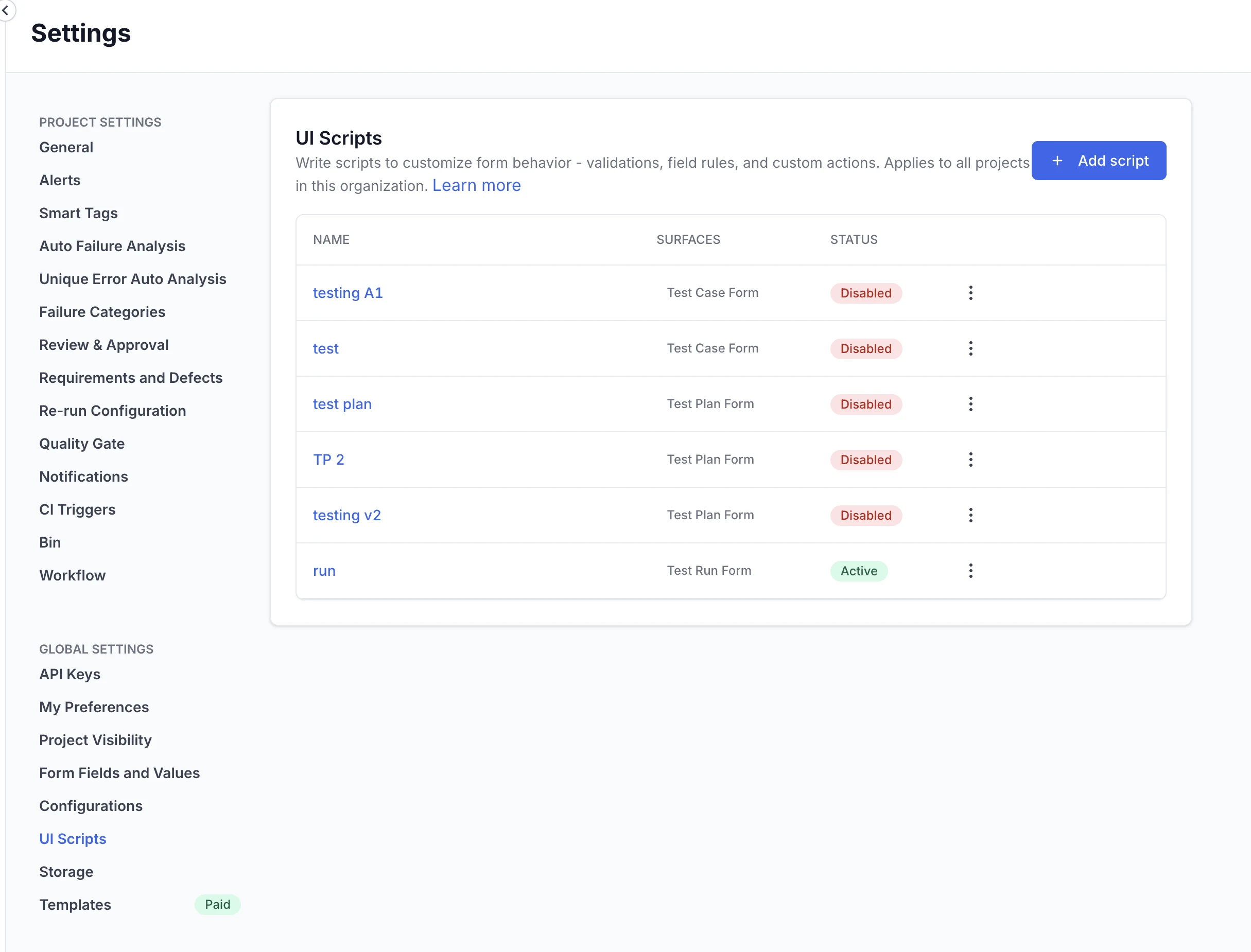 The Settings page with UI Scripts open, listing each script with its surface and status, and the Add script button above the list.