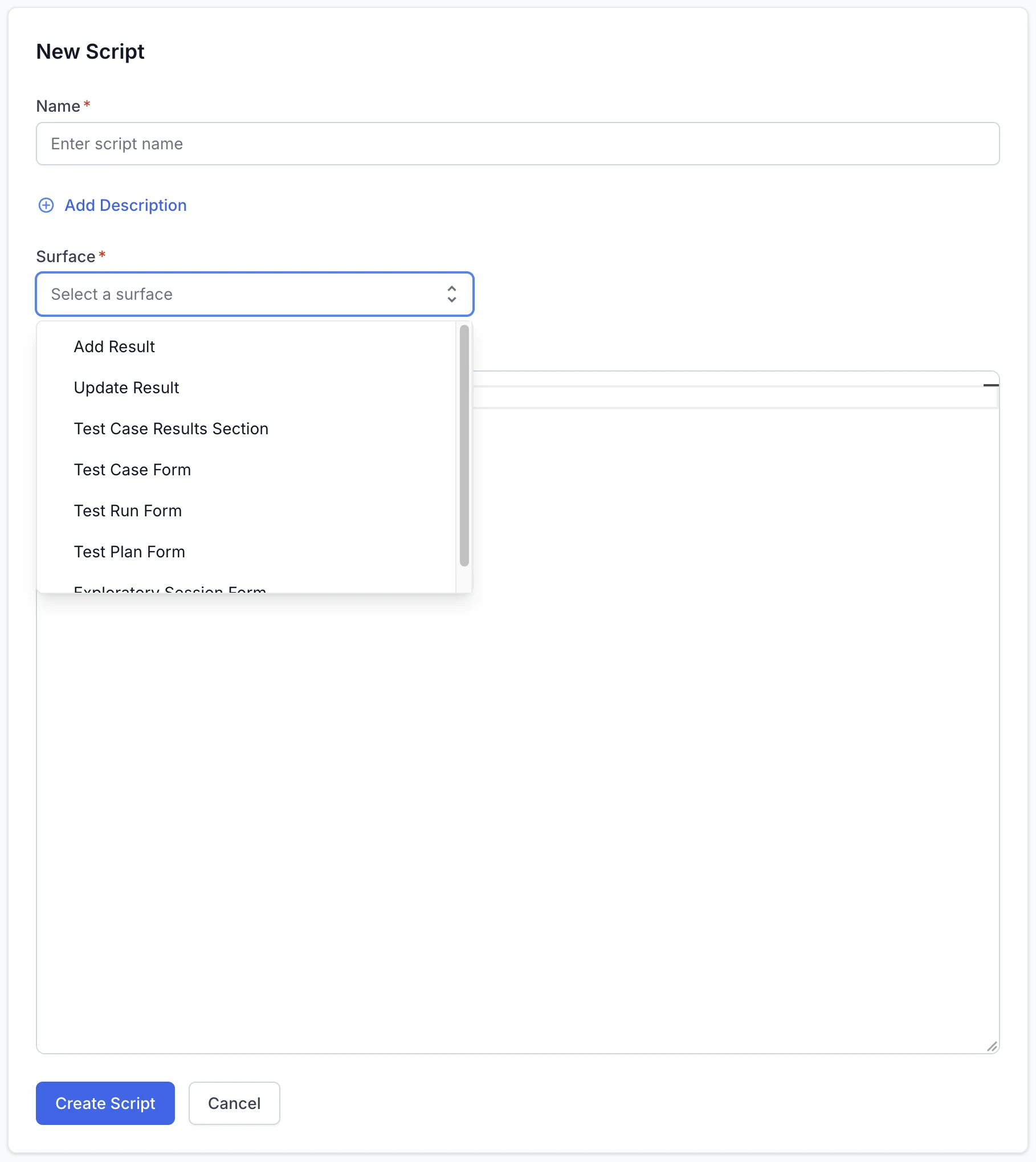 The completed New Script form with the Create Script button at its foot.