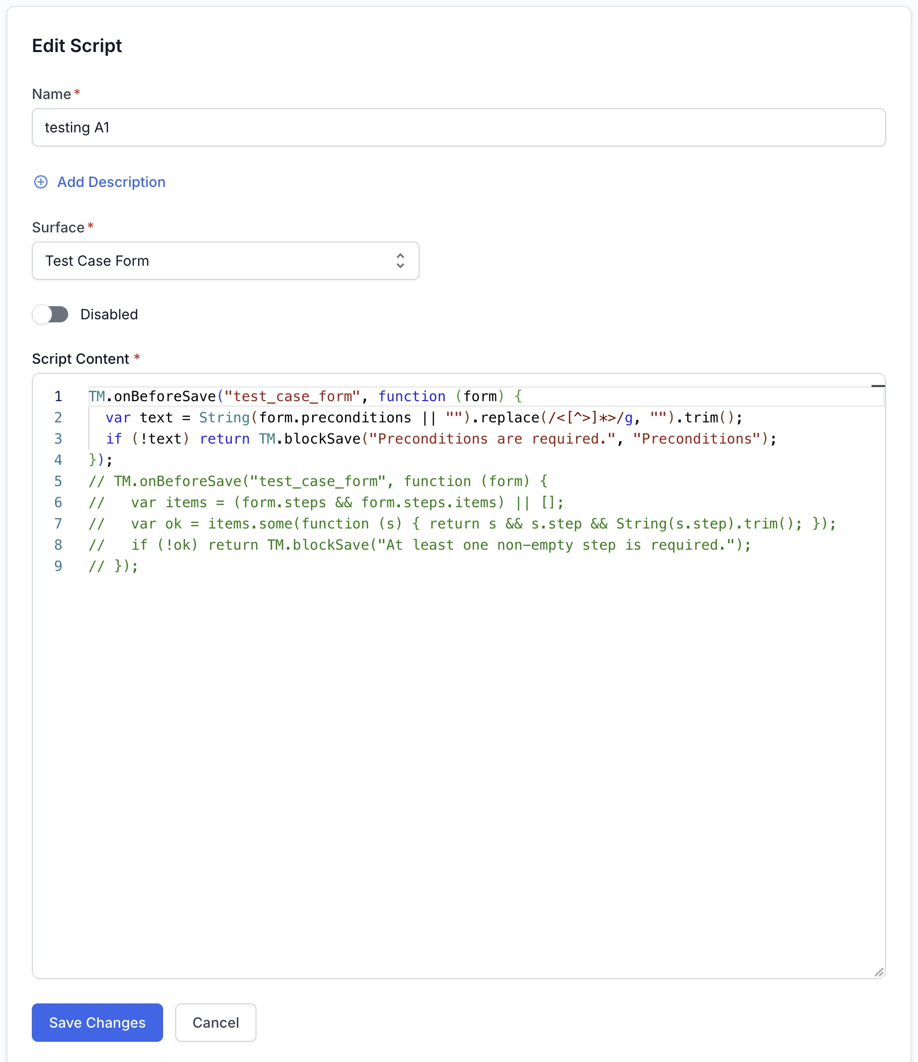 The Edit Script form showing the name, surface, state toggle, script content, and the Save Changes button.