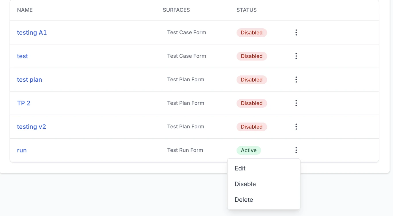 The row action menu open on an Active script, showing Edit, Disable, and Delete.