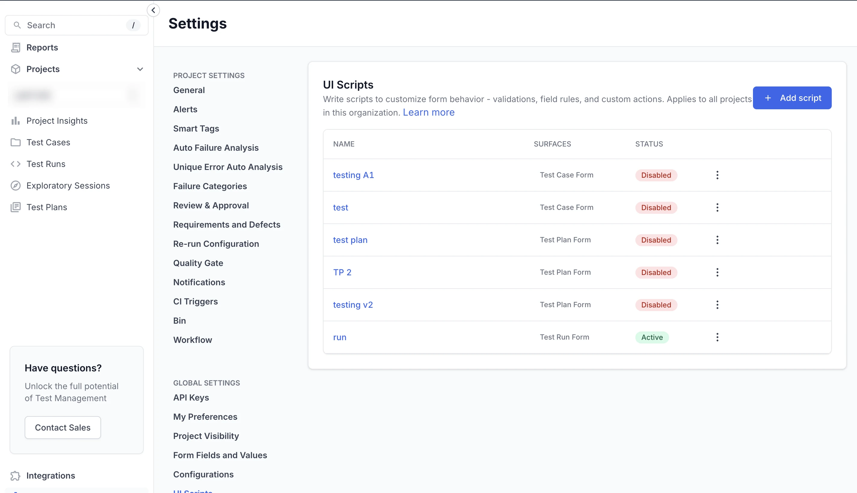 The Test Management left navigation and Settings page, with UI Scripts selected under the GLOBAL SETTINGS group.