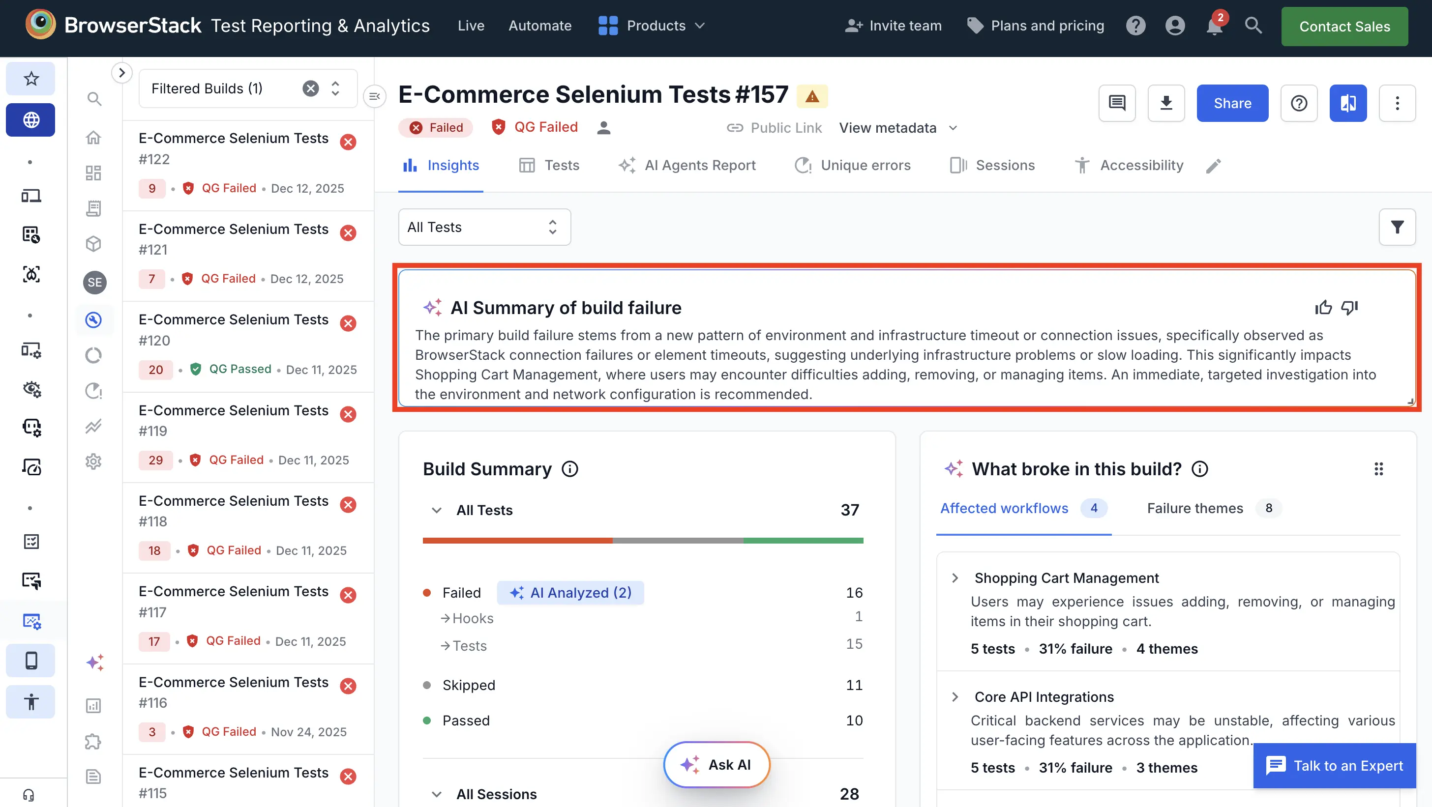 An AI summary of a build failure above a panel titled What broke in this build, listing affected workflows with test counts and failure rates