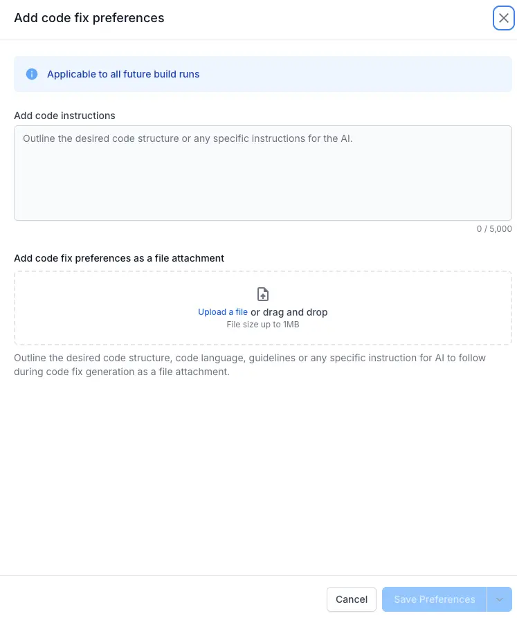 The Add code fix preferences panel with a written instruction and an attached code guidelines file, above the Save Preferences button