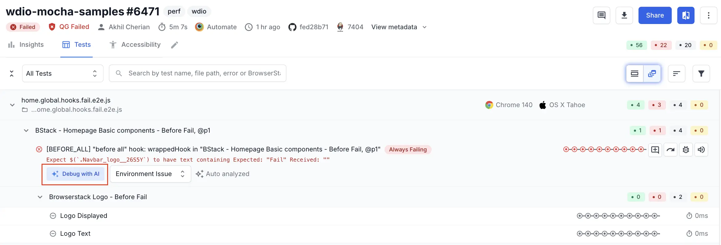 A button named Debug with AI next to a failed test case listed in the test listing of the BrowserStack Automation dashboard