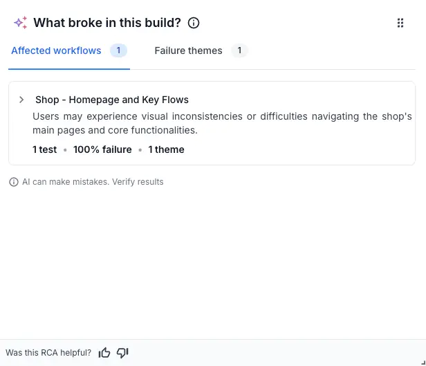 The Failure themes tab listing clustered causes, each with a test count, failure rate, and workflow count.